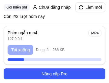 Popup đang tải một file MP4, có thanh tiến độ và dung lượng đã tải.
