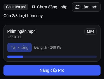 Popup đang tải một file MP4, có thanh tiến độ và dung lượng đã tải.