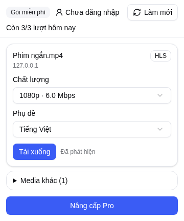 Popup của extension liệt kê media phát hiện trên trang đang mở: một luồng HLS với ô Chất lượng chọn 1080p, ô Phụ đề chọn Tiếng Việt và nút Tải xuống.