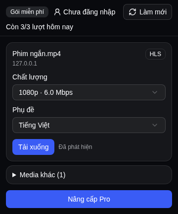 Popup của extension liệt kê media phát hiện trên trang đang mở: một luồng HLS với ô Chất lượng chọn 1080p, ô Phụ đề chọn Tiếng Việt và nút Tải xuống.