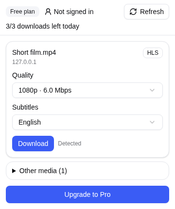 The extension popup listing the media found on the open page: an HLS stream with the Quality box set to 1080p, the Subtitles box set to English, and a Download button.