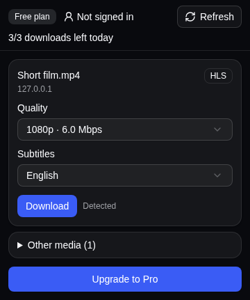The extension popup listing the media found on the open page: an HLS stream with the Quality box set to 1080p, the Subtitles box set to English, and a Download button.
